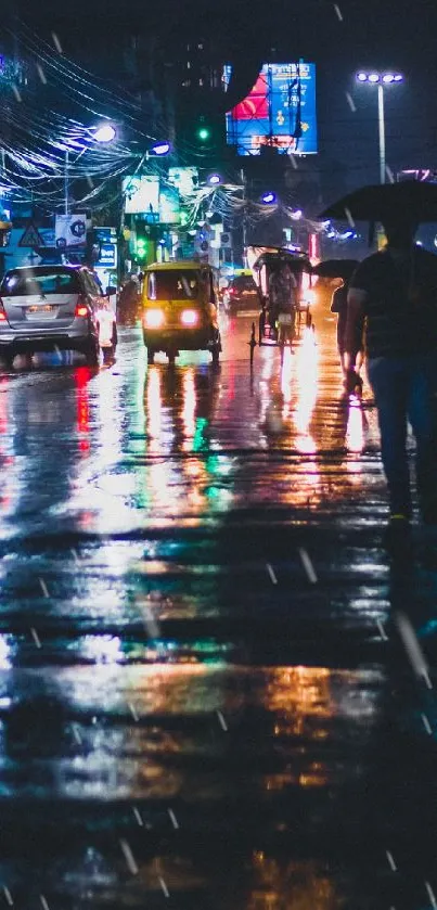 Rainy city street at night with vivid reflections.