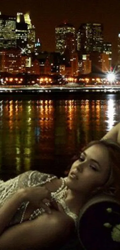 Elegant woman with city night skyline in the background.