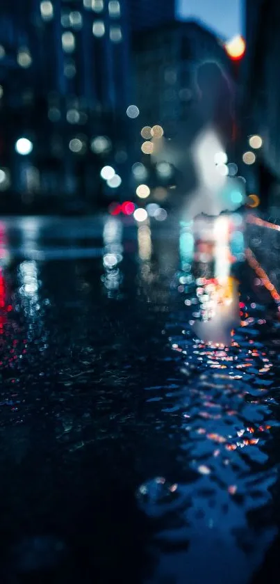 Night cityscape with colorful reflections on a wet street.