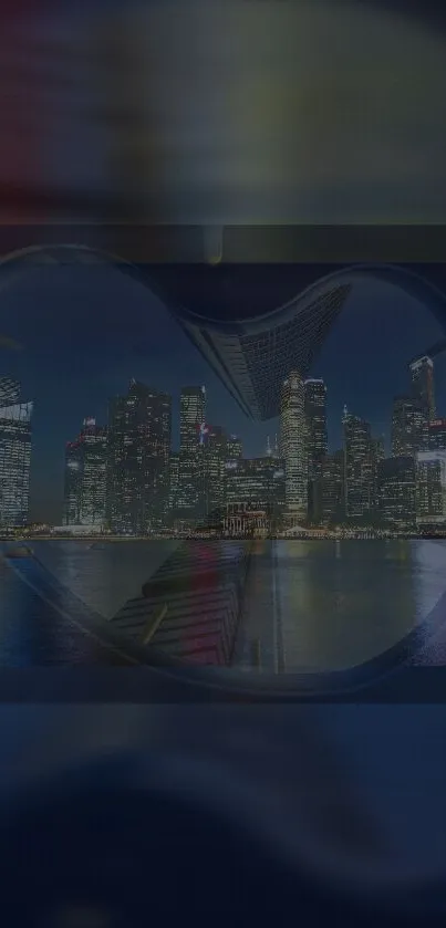 Vibrant city skyline at night within heart-shaped frame.