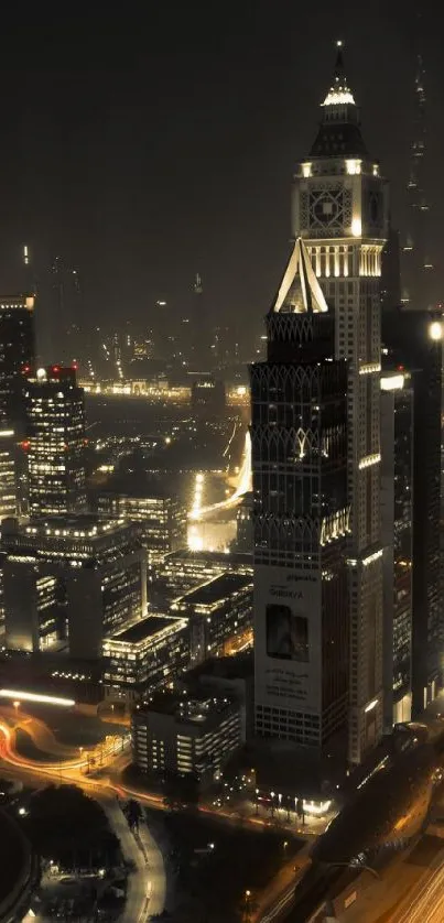 Night city skyline with illuminated skyscrapers and glowing streets.