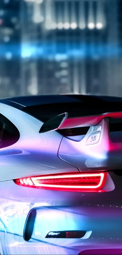 Sportscar with city night backdrop, displaying sleek design.