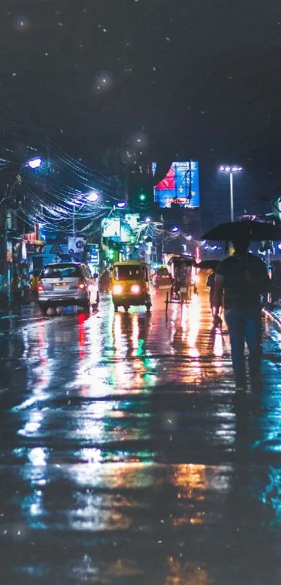 Nighttime urban street with colorful reflections on wet pavement.