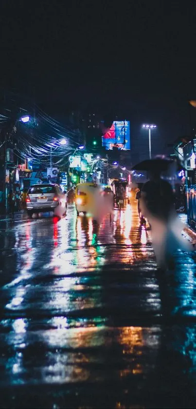 A vibrant city street reflecting neon lights on a rainy night.