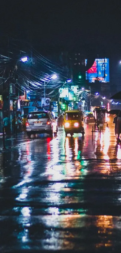 Rainy city street at night with glowing lights reflecting on the wet road.