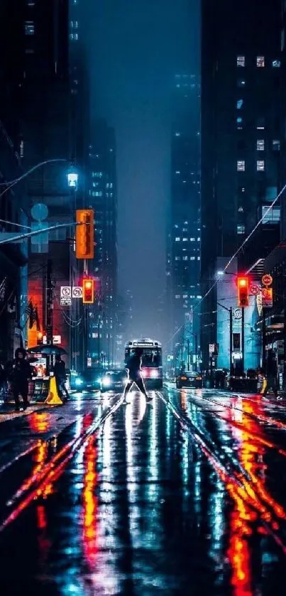 Night city with neon reflections on wet streets.