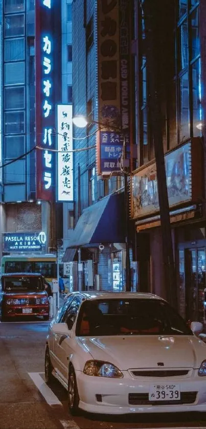 A bustling urban street at night with neon lights and parked cars.