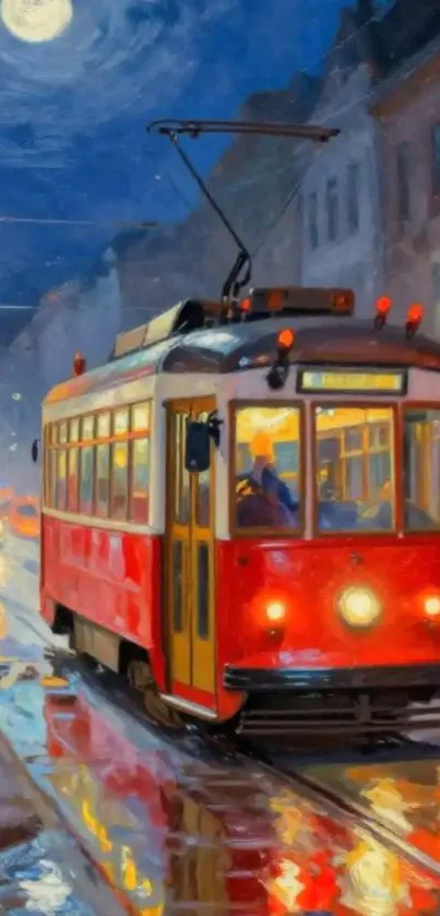 Red tram under a moonlit night cityscape with reflections.