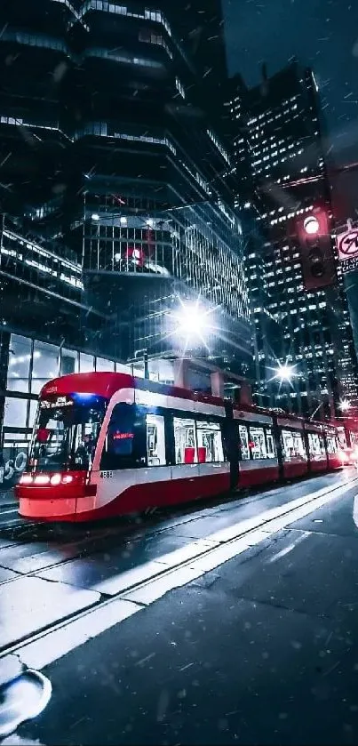 Night tram on a vibrant city street with glowing lights.