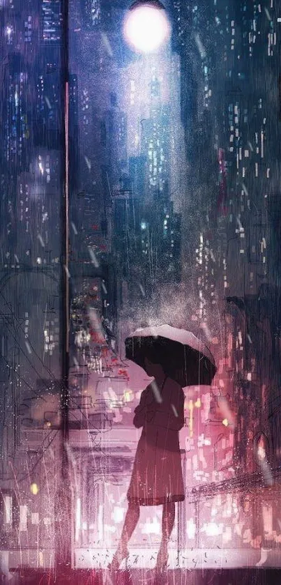 Silhouette under umbrella in vibrant night city scene.