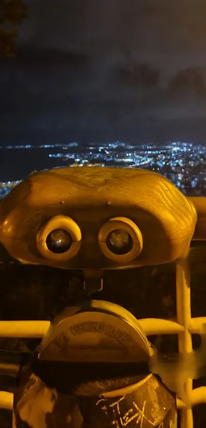 Telescope overlooking a city skyline lit at night, creating a vibrant wallpaper scene.