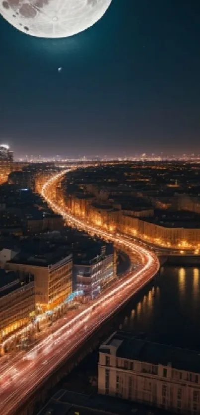 Moonlit cityscape with a glowing full moon and illuminated city lights.