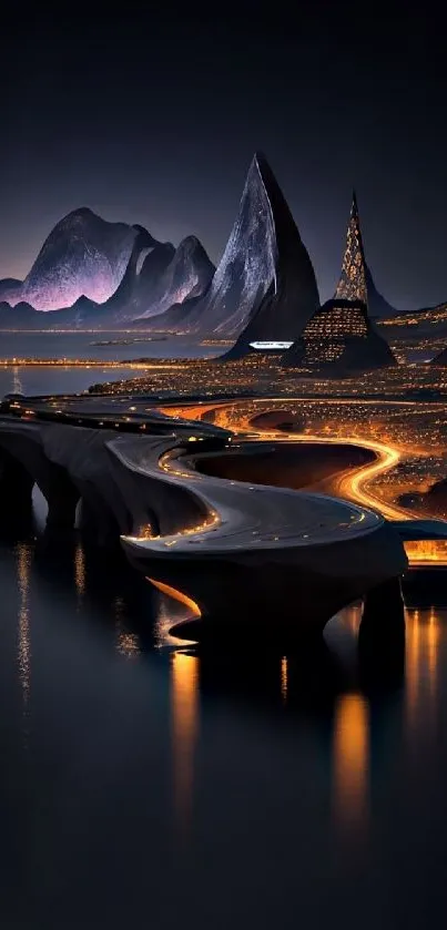 A futuristic cityscape at night with glowing roads and distant mountains.