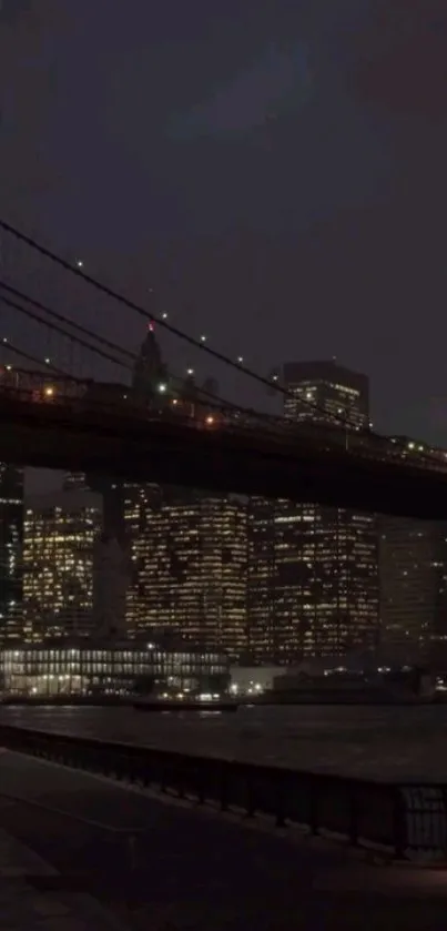 Night view of city skyline and bridge with glowing lights against the dark sky.