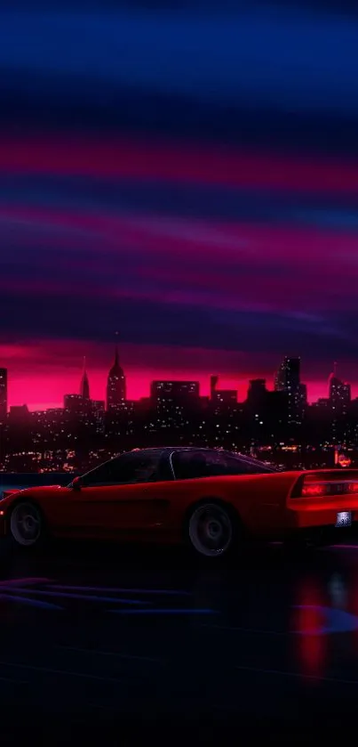 Red sports car with neon cityscape at night.