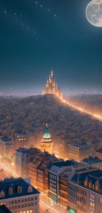 Magical night cityscape with moonlit sky and distant castle.