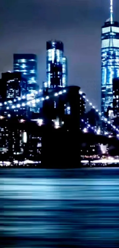 Night cityscape with bridge and skyscrapers.