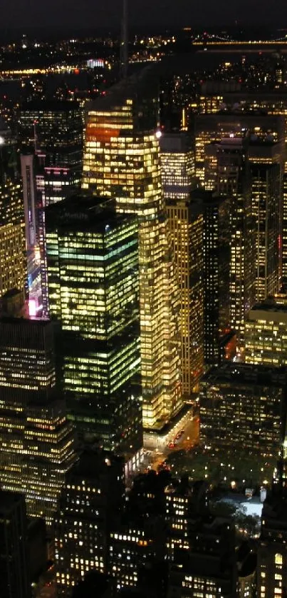 Night cityscape with illuminated buildings and skyline.