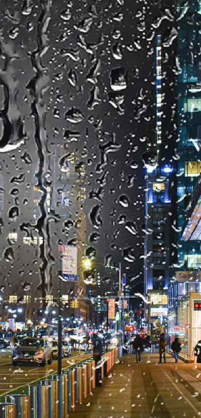 Vibrant night cityscape with streetlights illuminating urban skyline.