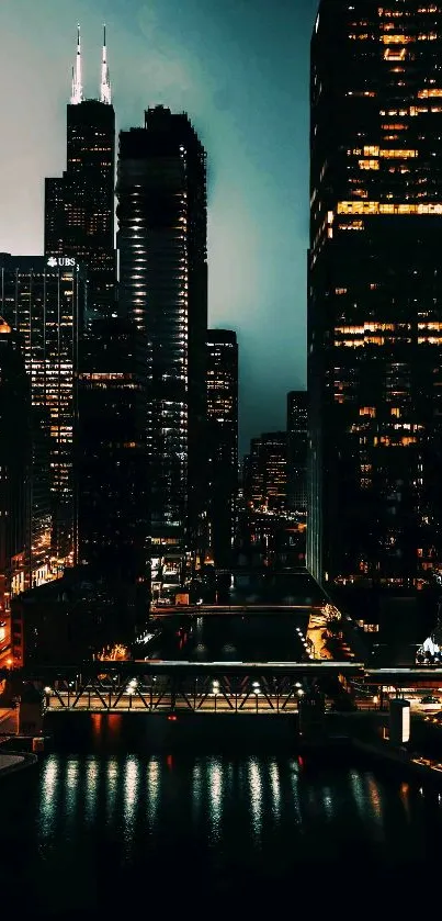 Night cityscape with illuminated skyscrapers and dark sky.