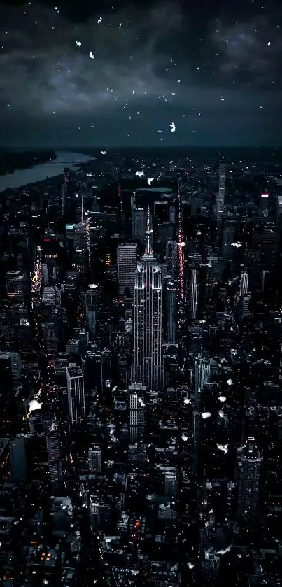 Night cityscape with glowing skyscrapers and cloudy sky.