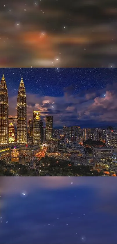 City skyline night view with stars.