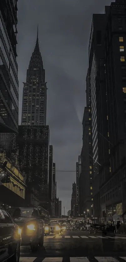 Stunning night cityscape with illuminated skyscrapers and bustling city streets.