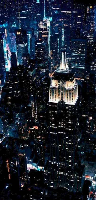 A dazzling night cityscape with towering skyscrapers illuminated against the night sky.