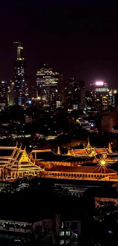 Panoramic night cityscape with glowing urban skyline.