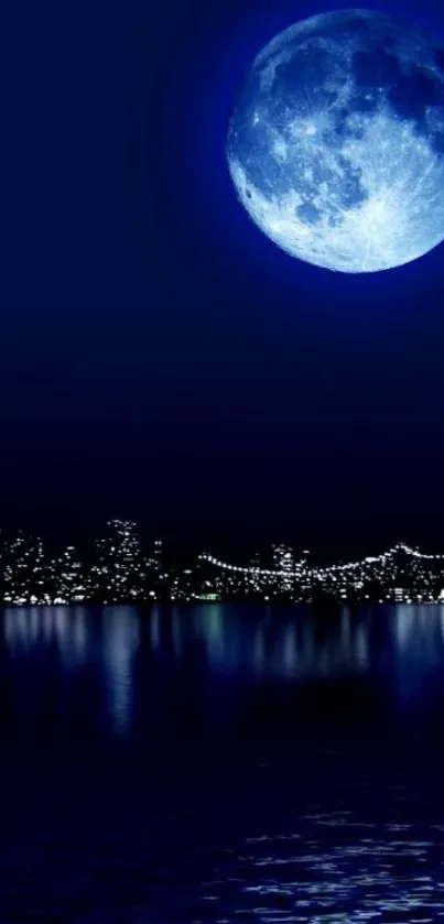 Night cityscape with a glowing moon reflecting on water.