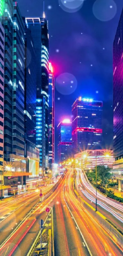 Vibrant neon cityscape at night, showcasing skyscrapers and busy streets.