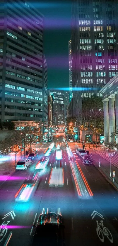 Vibrant night city street with neon lights and tall buildings.