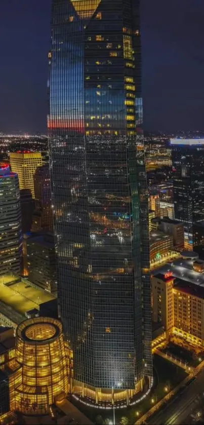 A stunning night cityscape with illuminated skyscrapers and vibrant city lights.