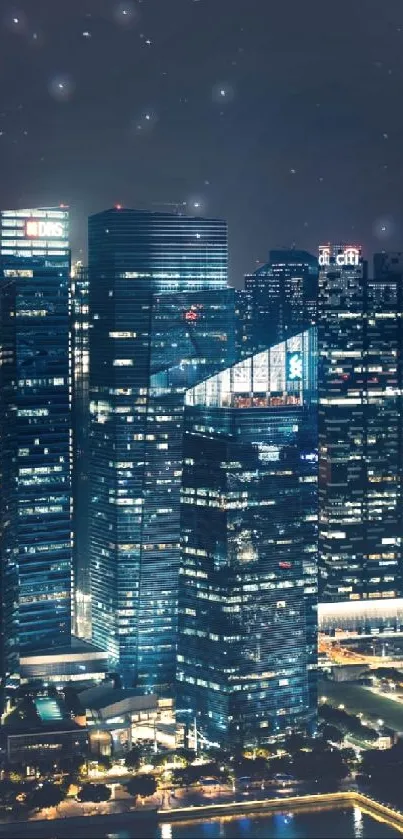 A dazzling night cityscape with illuminated skyscrapers glowing against a dark blue sky.