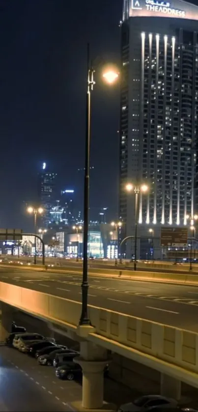 Night cityscape with illuminated skyscrapers and streetlights for mobile wallpaper.