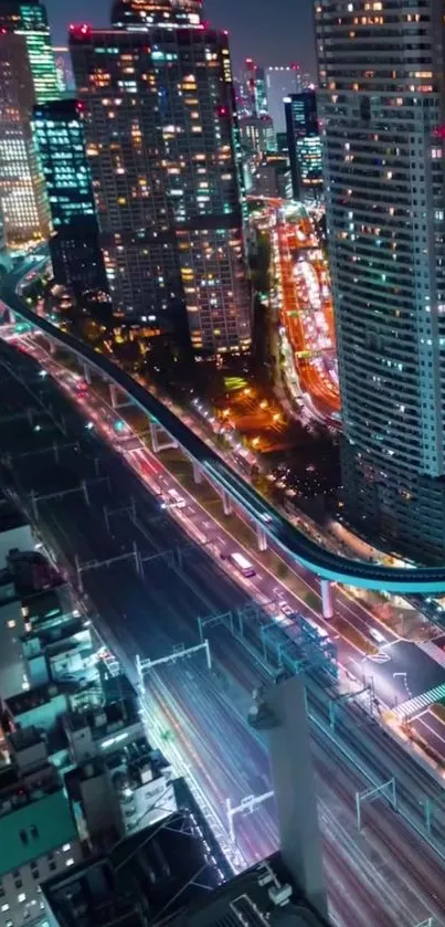 Night cityscape with skyscrapers and vibrant lights for mobile wallpaper.