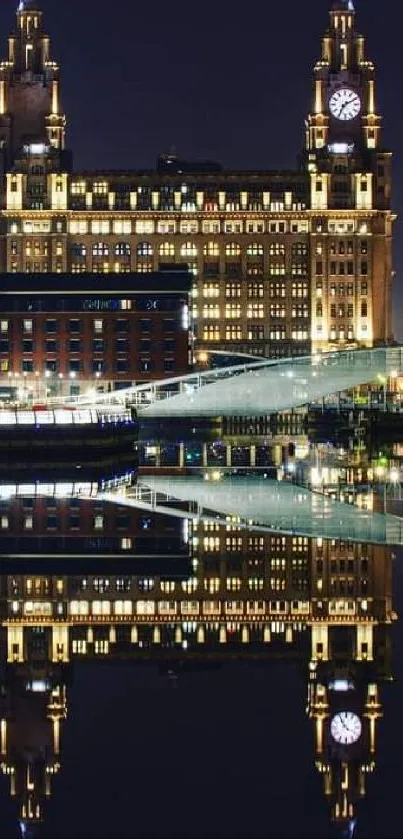 Cityscape reflected at night with illuminated buildings and navy blue sky.