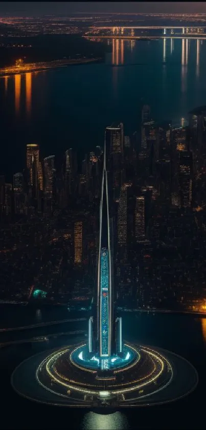 Futuristic skyscraper at night with city lights and water reflections.