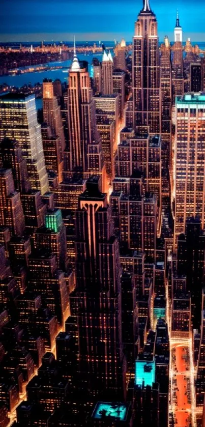 Vibrant nighttime cityscape with skyscrapers.