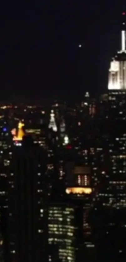 Stunning nighttime cityscape with illuminated skyline.