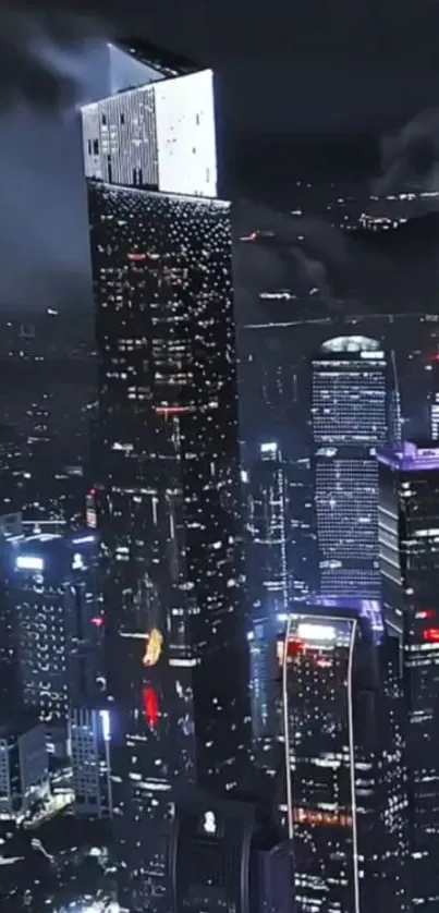 Skyscraper cityscape at night with lights.