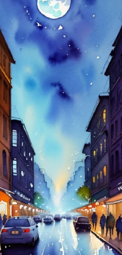 Vibrant watercolor illustration of a city street under a moonlit sky.