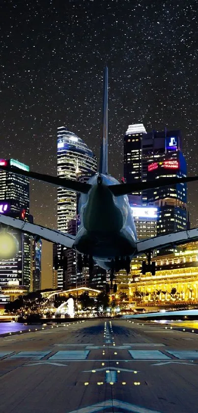 Airplane approaching a city skyline at night with bright city lights.
