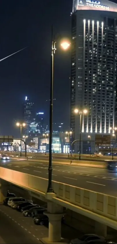 Cityscape at night with comet and lights illuminating skyscrapers and roads.