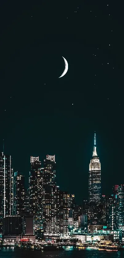 Night cityscape with crescent moon shining over skyscrapers and twinkling stars.