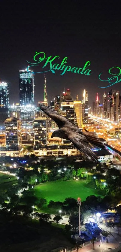 Vibrant night cityscape with soaring eagle in the foreground.