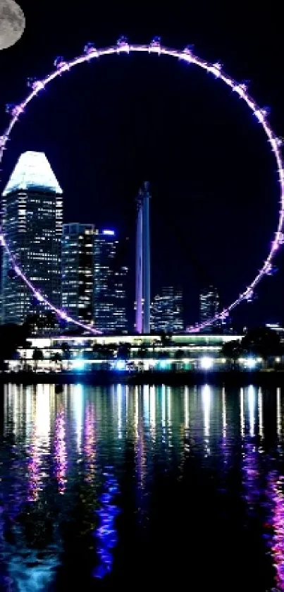 Night cityscape with illuminated Ferris wheel and reflections on water.