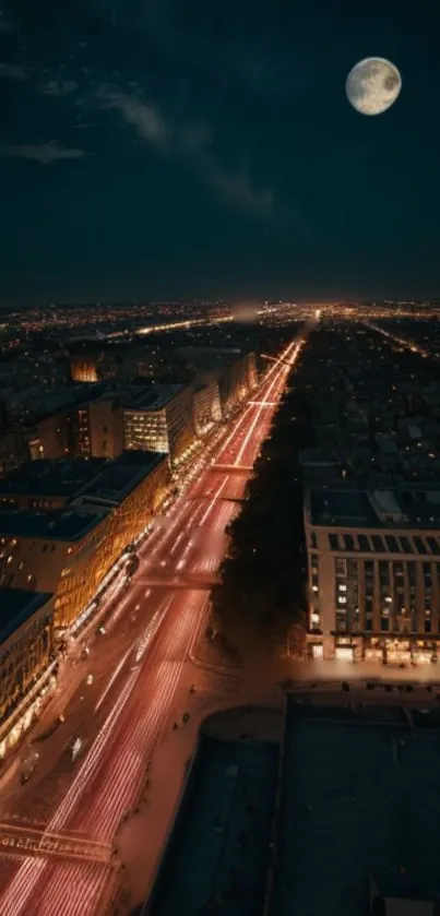 Aerial view of city at night under full moon.