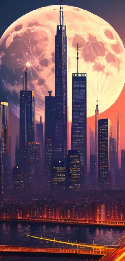 Futuristic cityscape with full moon at night.