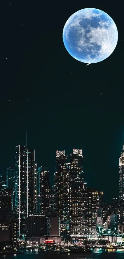 Night cityscape with a full moon and illuminated skyline.